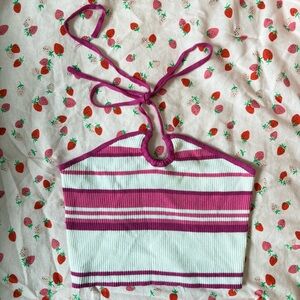 NWOT Garage Striped Pink and White Cropped Halter Top Tie open back Top